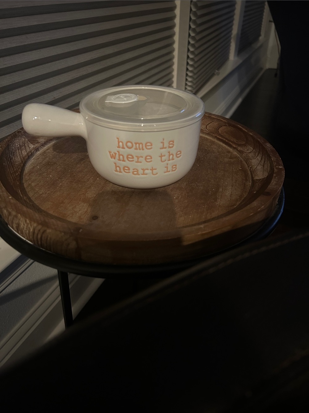 Ceramic Handle Bowl with Lid — White with Orange Lettering